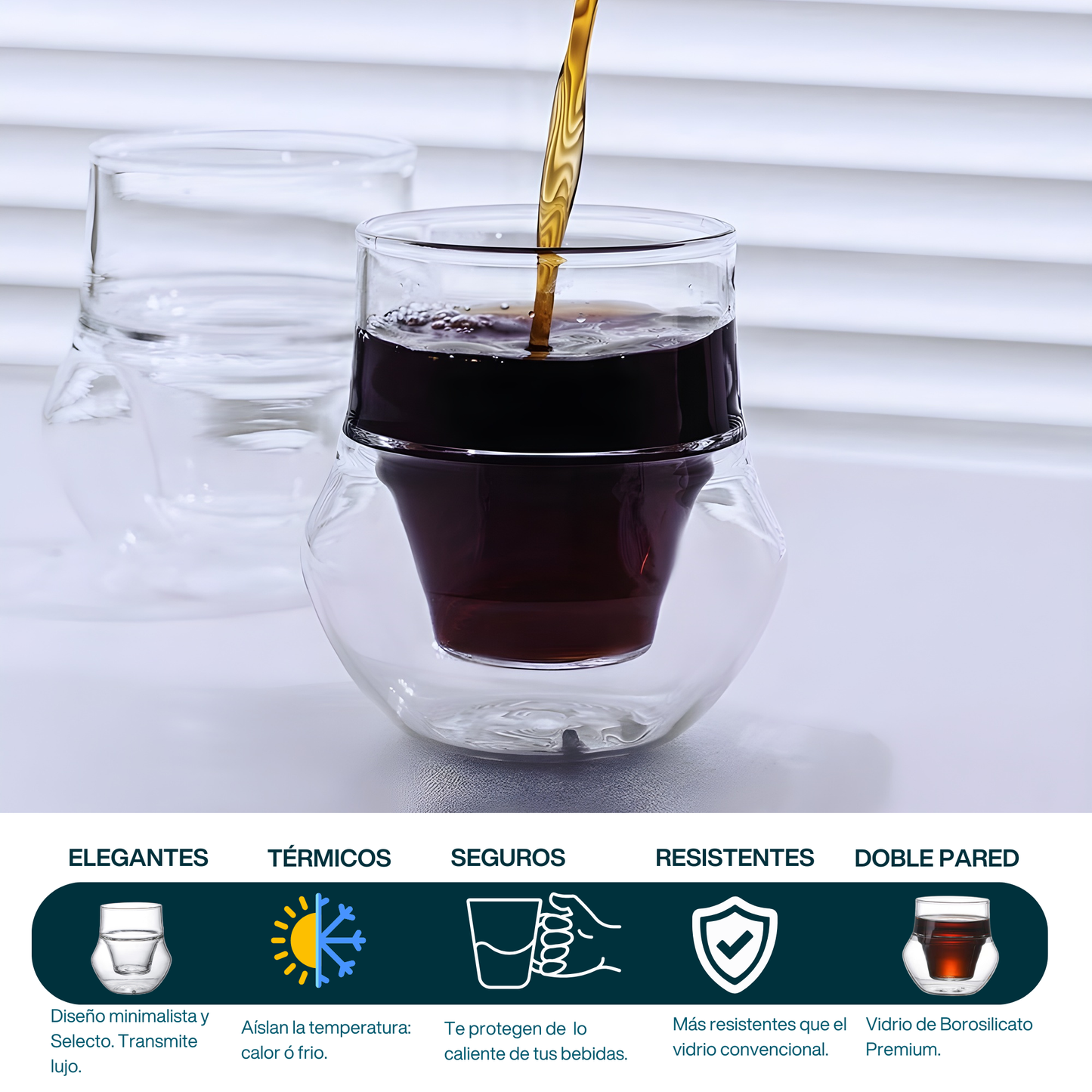 Vasos para Espresso, 120 ml. Hecho a mano. 2 Vasos de Doble Pared de Vidrio para Degustar Expresso, Whisky, Ron. Elegantes y Modernos