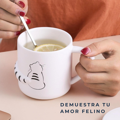 Taza de Gato con Cola en 3D. Diseño de Gatito Distraído. Taza para Amante de los Gatos. Taza para Café de 350 ml.