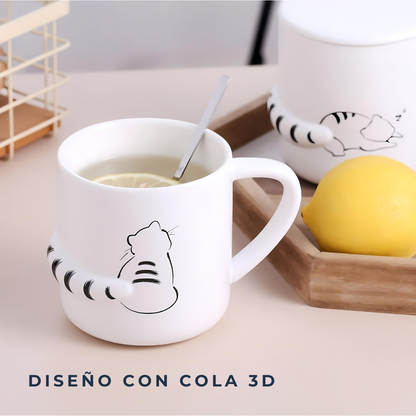 Taza de Gato con Cola en 3D. Diseño de Gatito Distraído. Taza para Amante de los Gatos. Taza para Café de 350 ml.