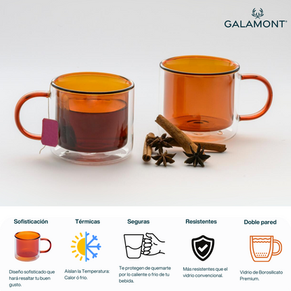 Tazas Doble Fondo para Café Espresso, Americano, Té.  Set de 2 Tazas Doble Pared de Vidrio, 300 ml. Bonitas y Elegantes (Ámbar)