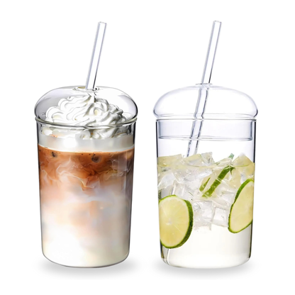 Vasos de Vidrio para Café, Cold Brew, Frapuchino, Agua, Té Helado. Set de 2 Vasos con Tapas y Popotes, 500 ml. Diseño Aesthetic