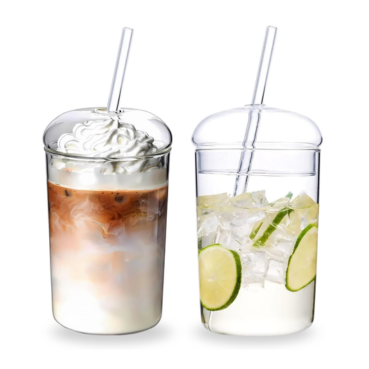 Vasos de Vidrio para Café, Cold Brew, Frapuchino, Agua, Té Helado. Set de 2 Vasos con Tapas y Popotes, 500 ml. Diseño Aesthetic