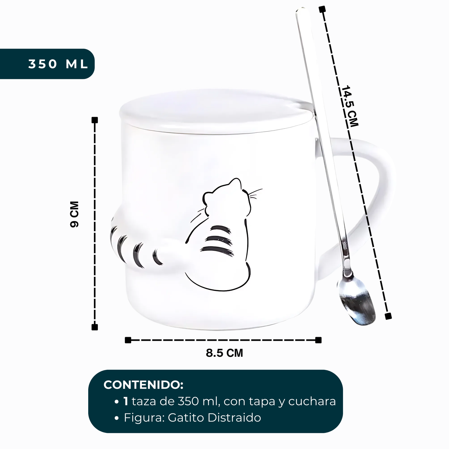Taza de Gato con Cola en 3D. Diseño de Gatito Distraído. Taza para Amante de los Gatos. Taza para Café de 350 ml.