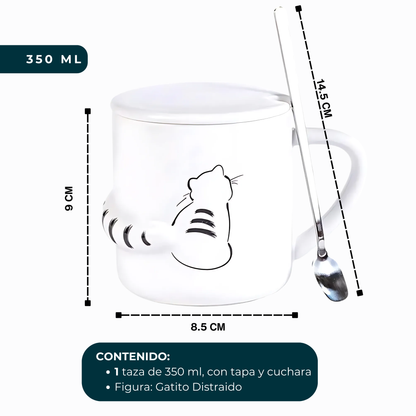 Taza de Gato con Cola en 3D. Diseño de Gatito Distraído. Taza para Amante de los Gatos. Taza para Café de 350 ml.