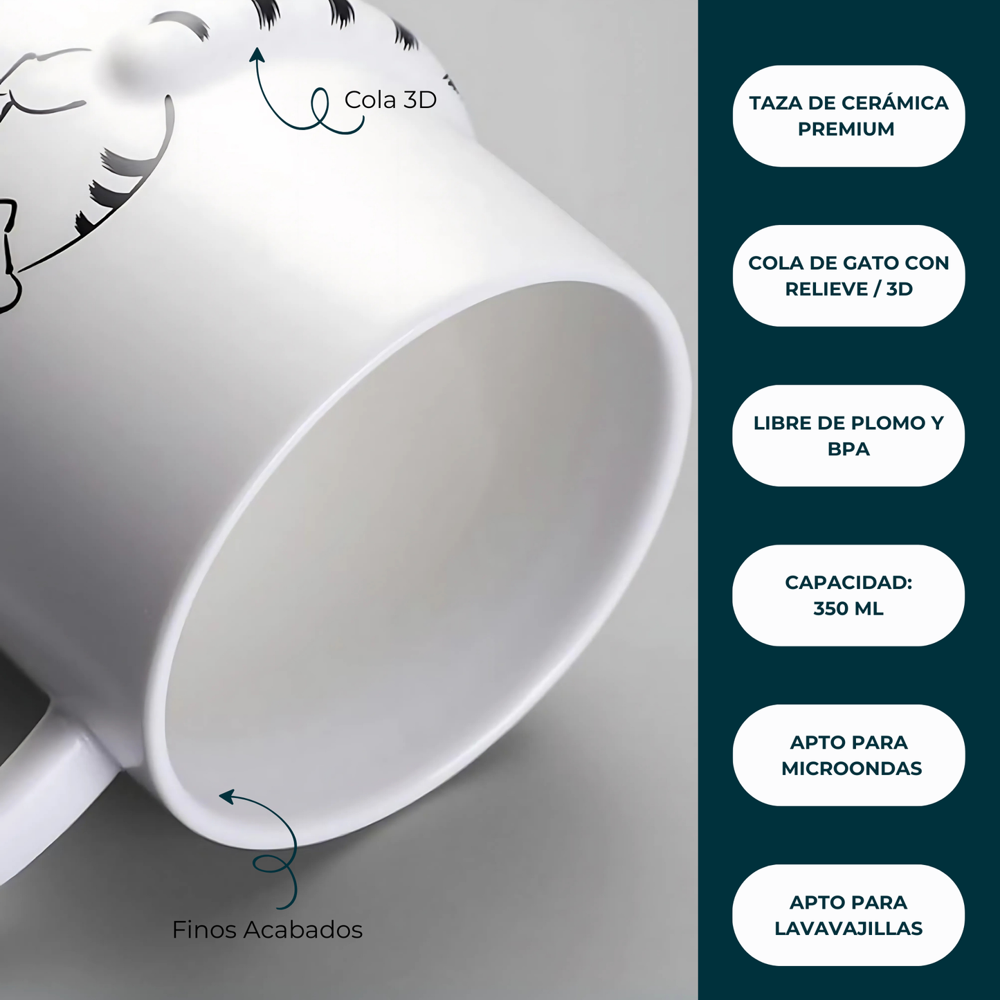 Taza de Gato con Cola en 3D. Diseño de Gatito Distraído. Taza para Amante de los Gatos. Taza para Café de 350 ml.