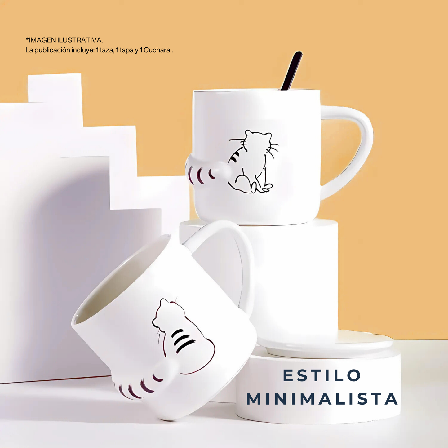 Taza de Gato con Cola en 3D. Diseño de Gatito Distraído. Taza para Amante de los Gatos. Taza para Café de 350 ml.