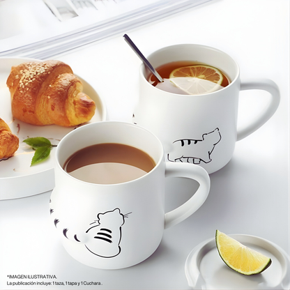 Taza de Gato con Cola en 3D. Diseño de Gatito Distraído. Taza para Amante de los Gatos. Taza para Café de 350 ml.