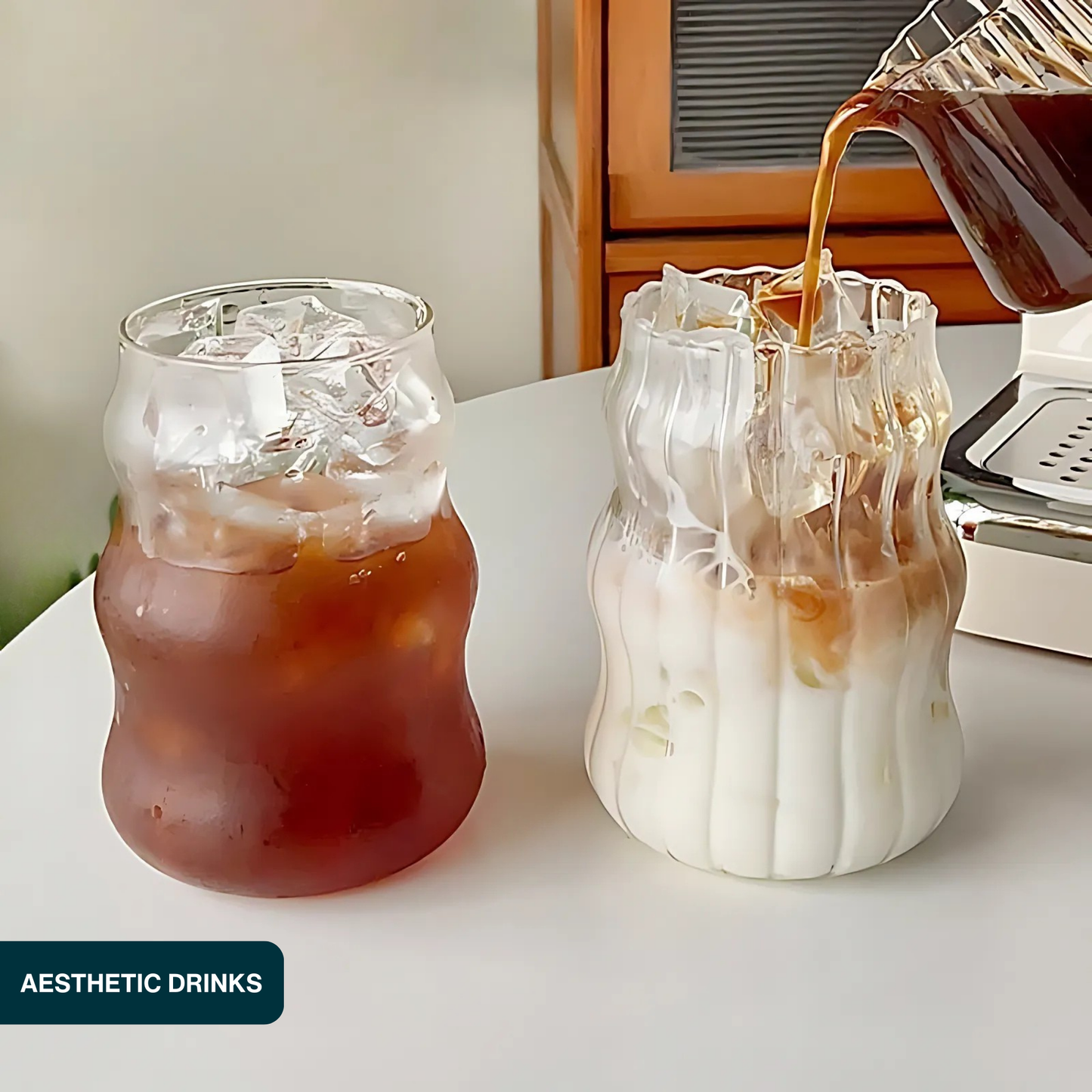 Vasos de Vidrio 530 ml.  2 Pzas. Set de Vasos Para Cócteles, Batidos, Agua, Café frio, Té helado. Aesthetic, Elegantes, Modernos.