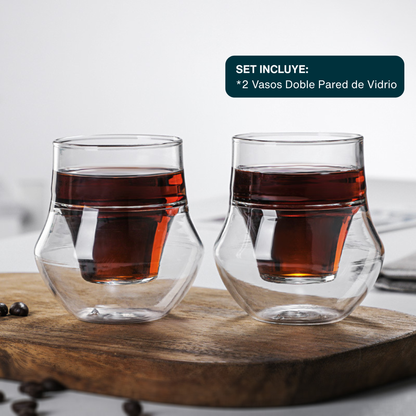 Vasos para Espresso, 120 ml. Hecho a mano. 2 Vasos de Doble Pared de Vidrio para Degustar Expresso, Whisky, Ron. Elegantes y Modernos