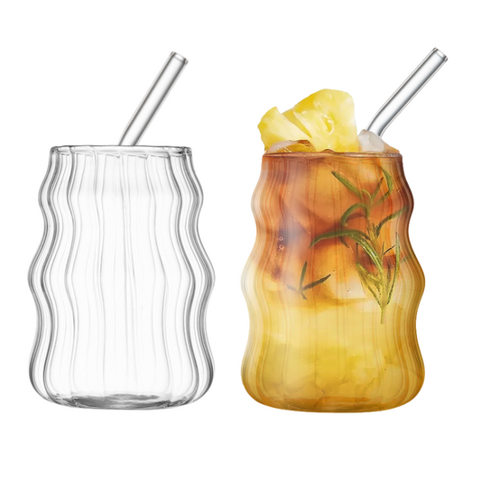 Vasos de Vidrio 530 ml.  2 Pzas. Set de Vasos Para Cócteles, Batidos, Agua, Café frio, Té helado. Aesthetic, Elegantes, Modernos.