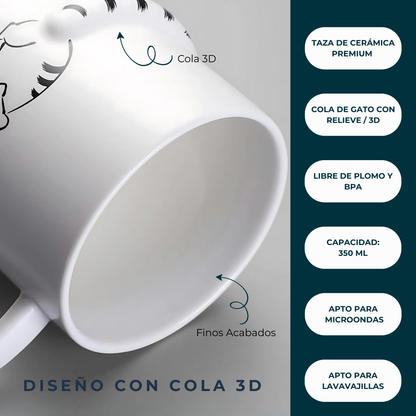 Taza de Gato con Cola en 3D. Diseño de Gatito Sentado. Taza para Amante de los Gatos. Taza para Café de 350 ml.