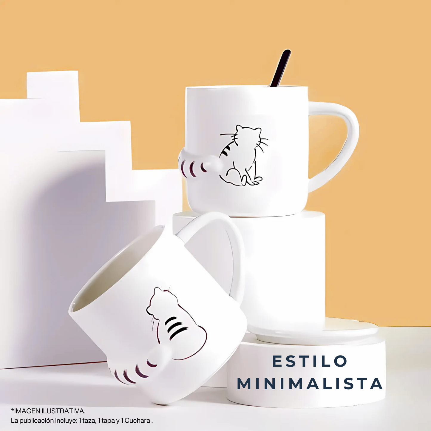 Taza de Gato con Cola en 3D. Diseño de Gatito Sentado. Taza para Amante de los Gatos. Taza para Café de 350 ml.