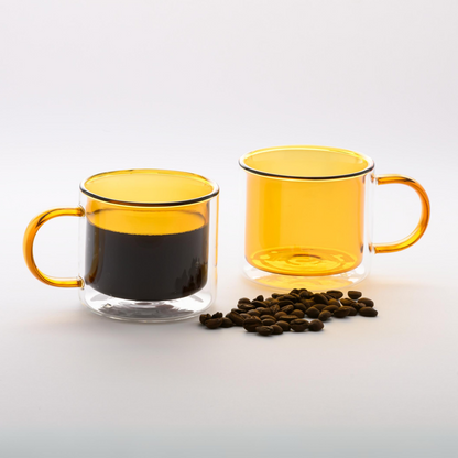 Tazas Doble Fondo Coloridas para Espresso, Capuchino, Té. Juego de 2 Tazas Doble Pared  de Vidrio de 300 ml. Tazas de Café Bonitas  Amarillas