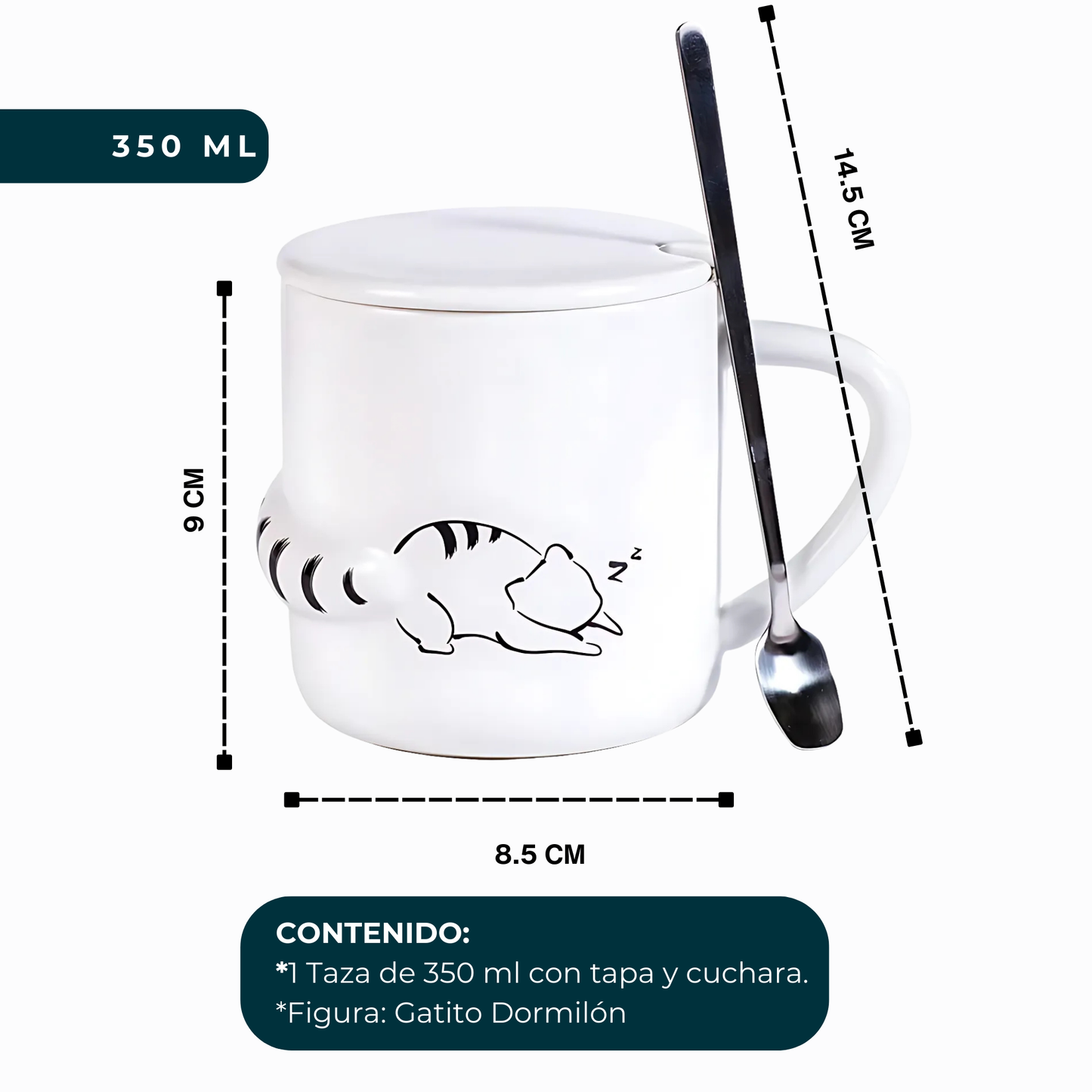 Taza de Gato con Cola en 3D. Diseño de Gatito Dormilón. Taza para Amante de los Gatos. Taza para Café de 350 ml.