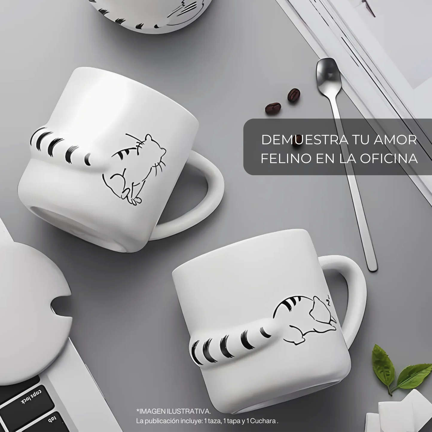Taza de Gato con Cola en 3D. Diseño de Gatito Dormilón. Taza para Amante de los Gatos. Taza para Café de 350 ml.