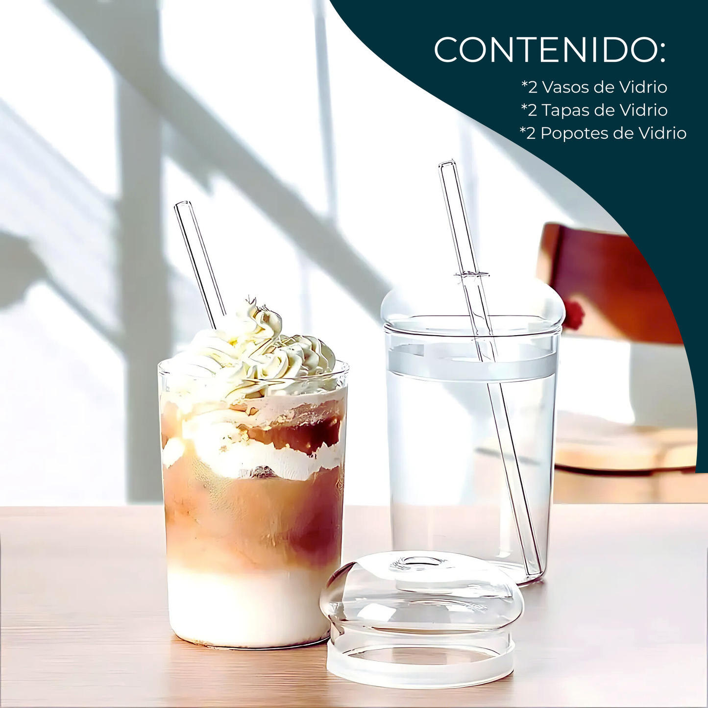 Vasos de Vidrio para Café, Cold Brew, Frapuchino, Agua, Té Helado. Set de 2 Vasos con Tapas y Popotes, 500 ml. Diseño Aesthetic