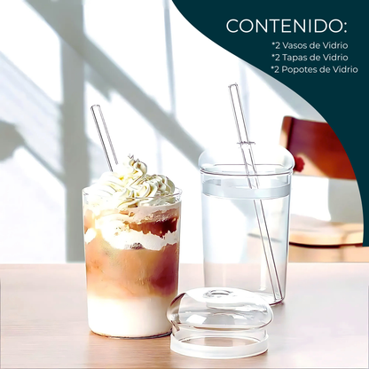 Vasos de Vidrio para Café, Cold Brew, Frapuchino, Agua, Té Helado. Set de 2 Vasos con Tapas y Popotes, 500 ml. Diseño Aesthetic