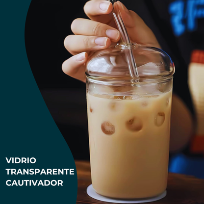 Vasos de Vidrio para Café, Cold Brew, Frapuchino, Agua, Té Helado. Set de 2 Vasos con Tapas y Popotes, 500 ml. Diseño Aesthetic