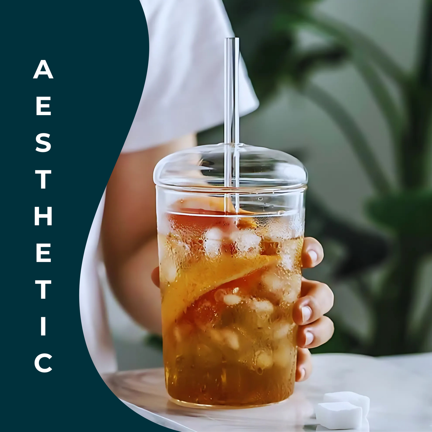 Vasos de Vidrio para Café, Cold Brew, Frapuchino, Agua, Té Helado. Set de 2 Vasos con Tapas y Popotes, 500 ml. Diseño Aesthetic