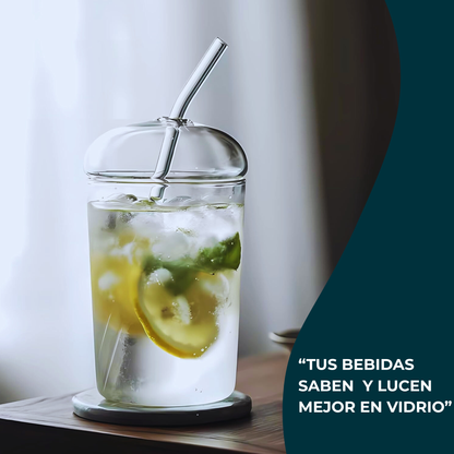 Vasos de Vidrio para Café, Cold Brew, Frapuchino, Agua, Té Helado. Set de 2 Vasos con Tapas y Popotes, 500 ml. Diseño Aesthetic
