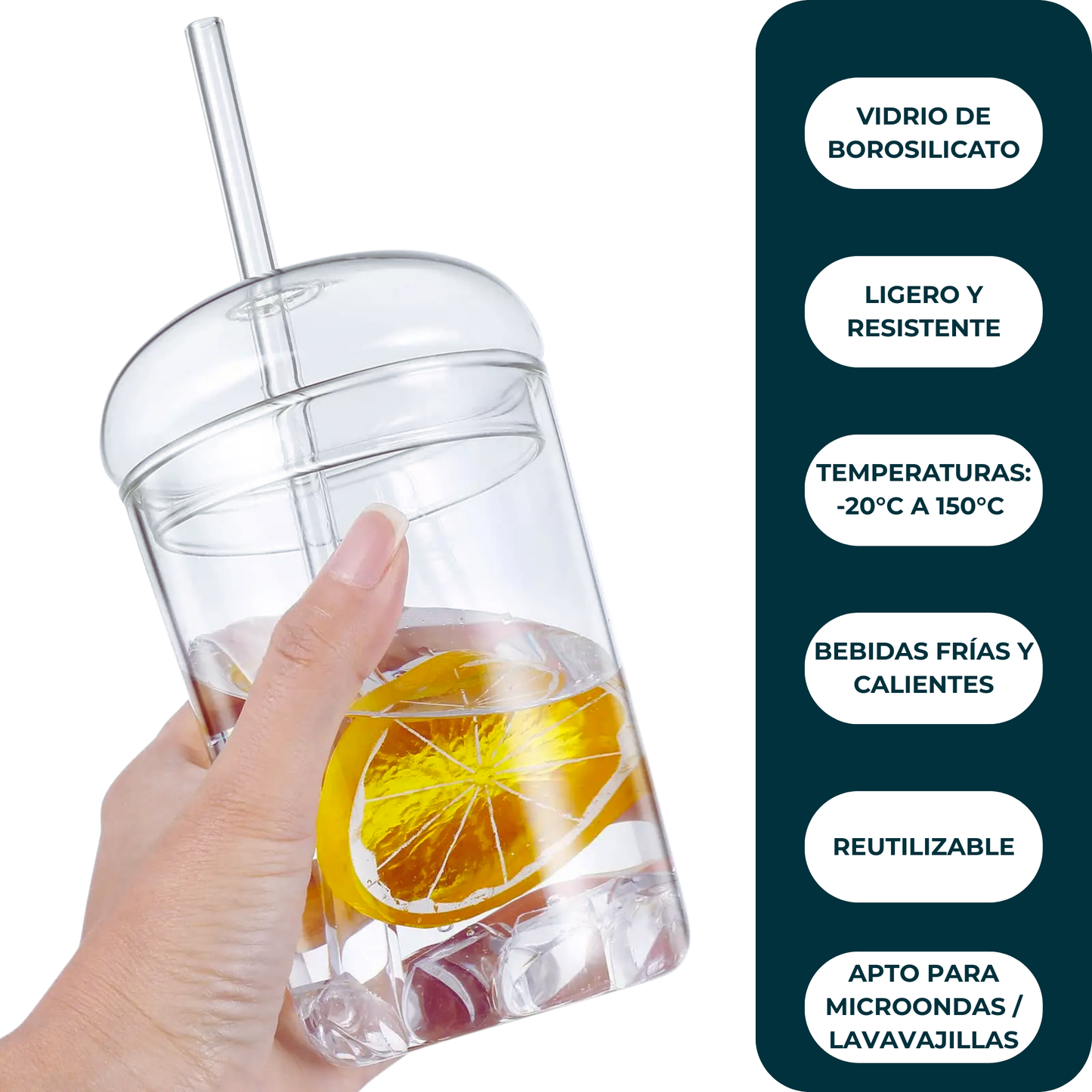 Vasos de Vidrio para Café, Cold Brew, Frapuchino, Agua, Té Helado. Set de 2 Vasos con Tapas y Popotes, 500 ml. Diseño Aesthetic