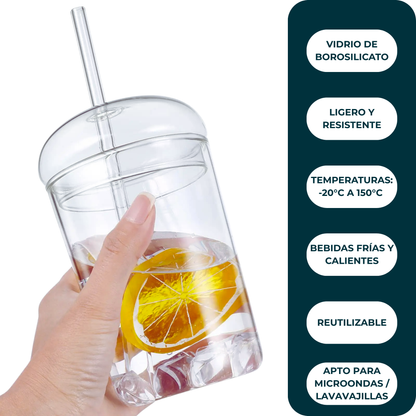 Vasos de Vidrio para Café, Cold Brew, Frapuchino, Agua, Té Helado. Set de 2 Vasos con Tapas y Popotes, 500 ml. Diseño Aesthetic