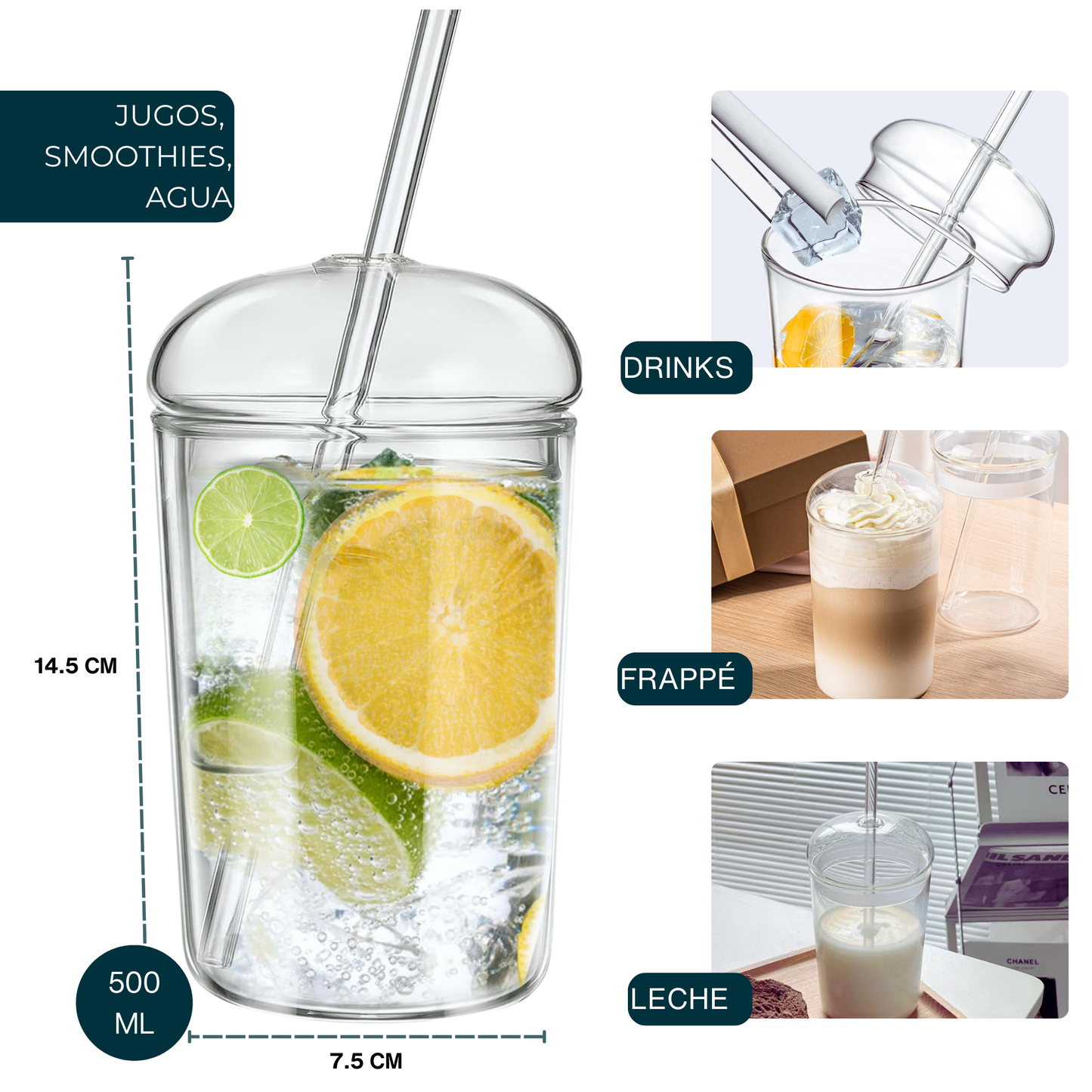 Vasos de Vidrio para Café, Cold Brew, Frapuchino, Agua, Té Helado. Set de 2 Vasos con Tapas y Popotes, 500 ml. Diseño Aesthetic