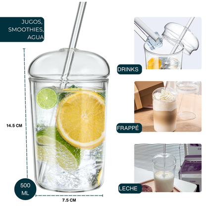 Vasos de Vidrio para Café, Cold Brew, Frapuchino, Agua, Té Helado. Set de 2 Vasos con Tapas y Popotes, 500 ml. Diseño Aesthetic