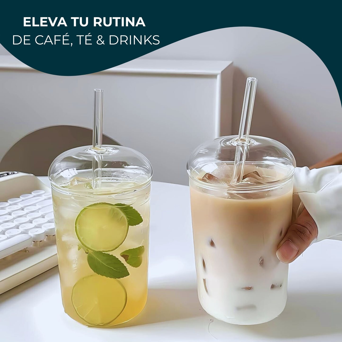 Vasos de Vidrio para Café, Cold Brew, Frapuchino, Agua, Té Helado. Set de 2 Vasos con Tapas y Popotes, 500 ml. Diseño Aesthetic