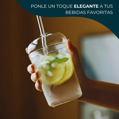 Vasos de Vidrio para Café, Cold Brew, Frapuchino, Agua, Té Helado. Set de 2 Vasos con Tapas y Popotes, 500 ml. Diseño Aesthetic