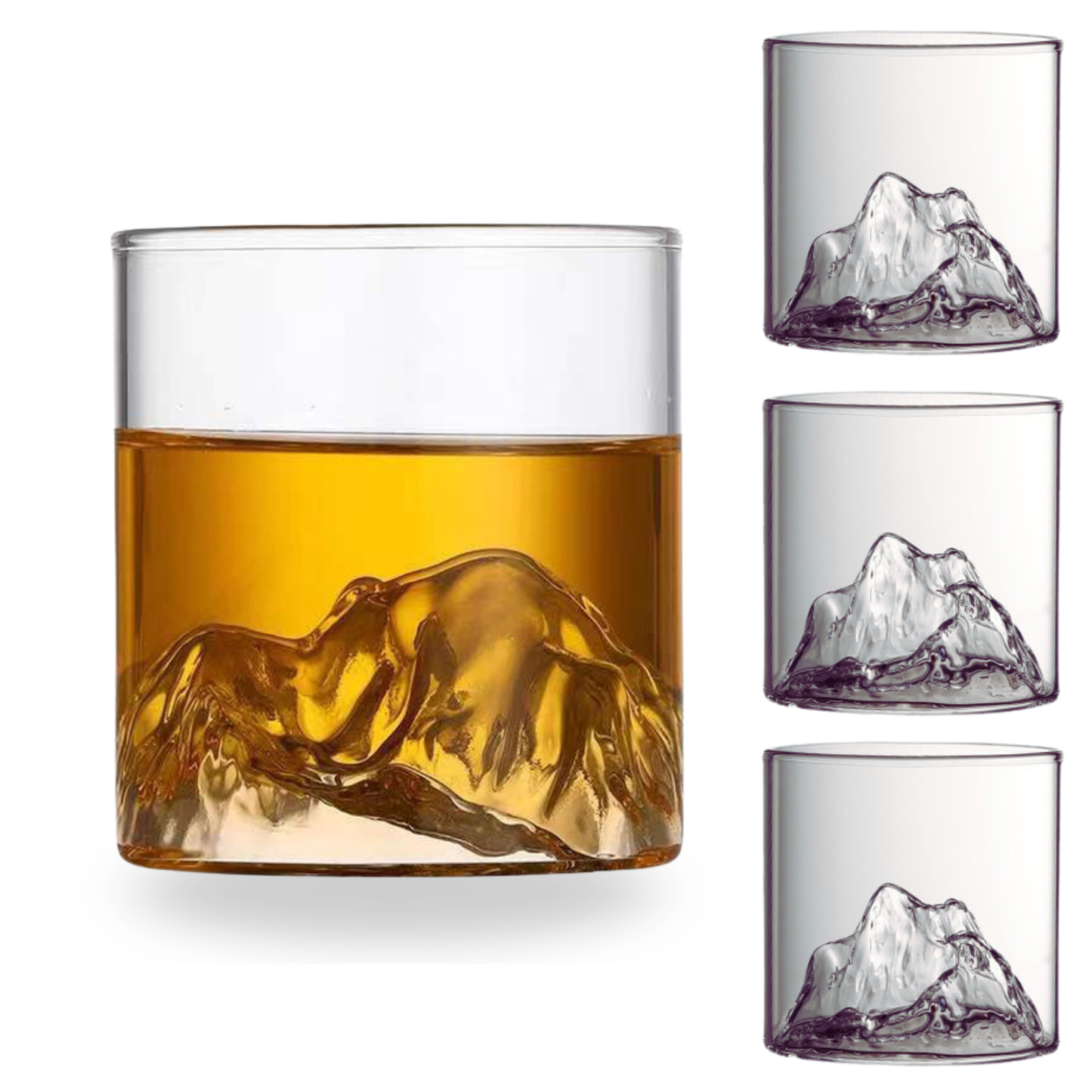 Vasos de Whisky, 300 ml. Set de 4 Vasos de Montaña para Whiskey, Bourbon, Ron, Coñac, Mezcal, Vino. Hechos a mano en Vidrio de Borosilicato. Modernos, Elegantes