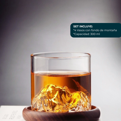 Vasos de Whisky, 300 ml. Set de 4 Vasos de Montaña para Whiskey, Bourbon, Ron, Coñac, Mezcal, Vino. Hechos a mano en Vidrio de Borosilicato. Modernos, Elegantes