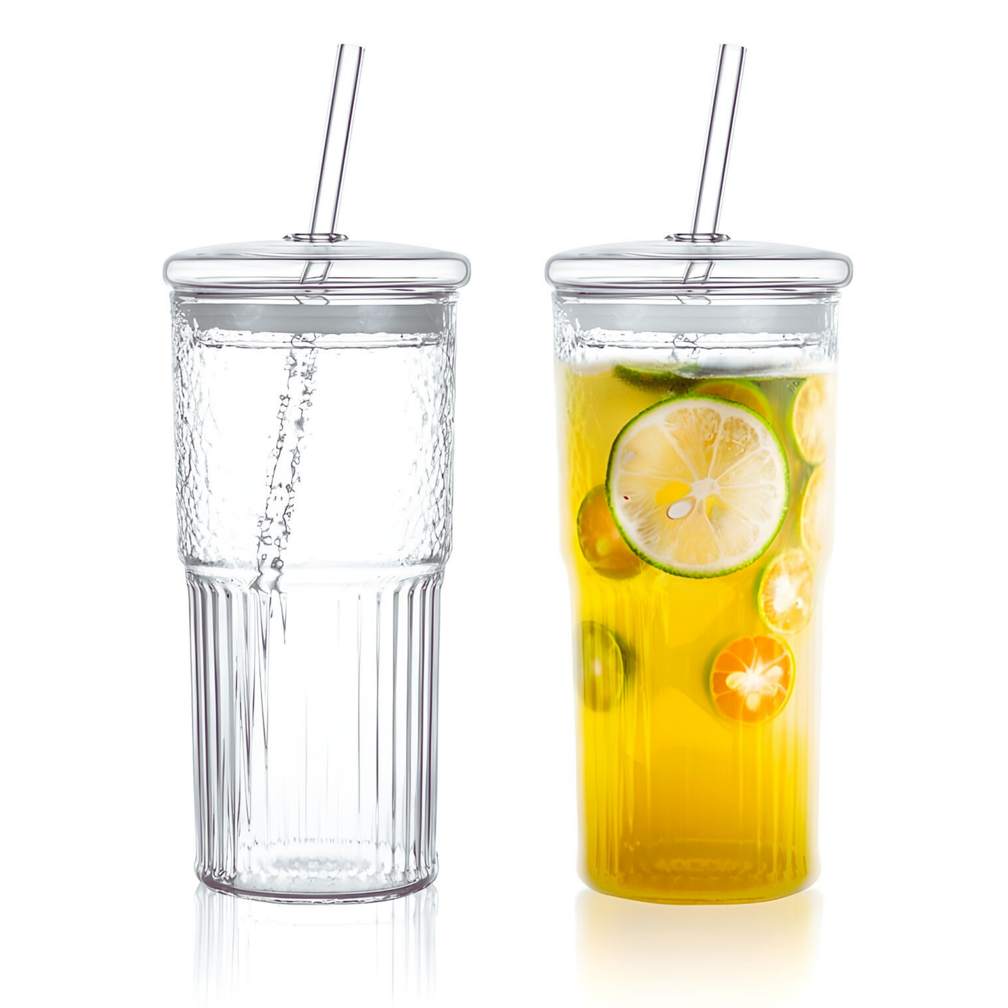 Vasos de Vidrio con Tapa y Popote. Set de Vasos Acanalados para Café Frío, Té Helado, Soda, Frappé, Cold Brew. Modernos, Elegantes (2 x 600 ml)