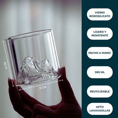 Vasos de Whisky, 300 ml. Set de 2 Vasos de Montaña para Whiskey, Bourbon, Ron, Coñac, Mezcal, Vino. Hechos a mano en Vidrio de Borosilicato. Modernos, Elegantes