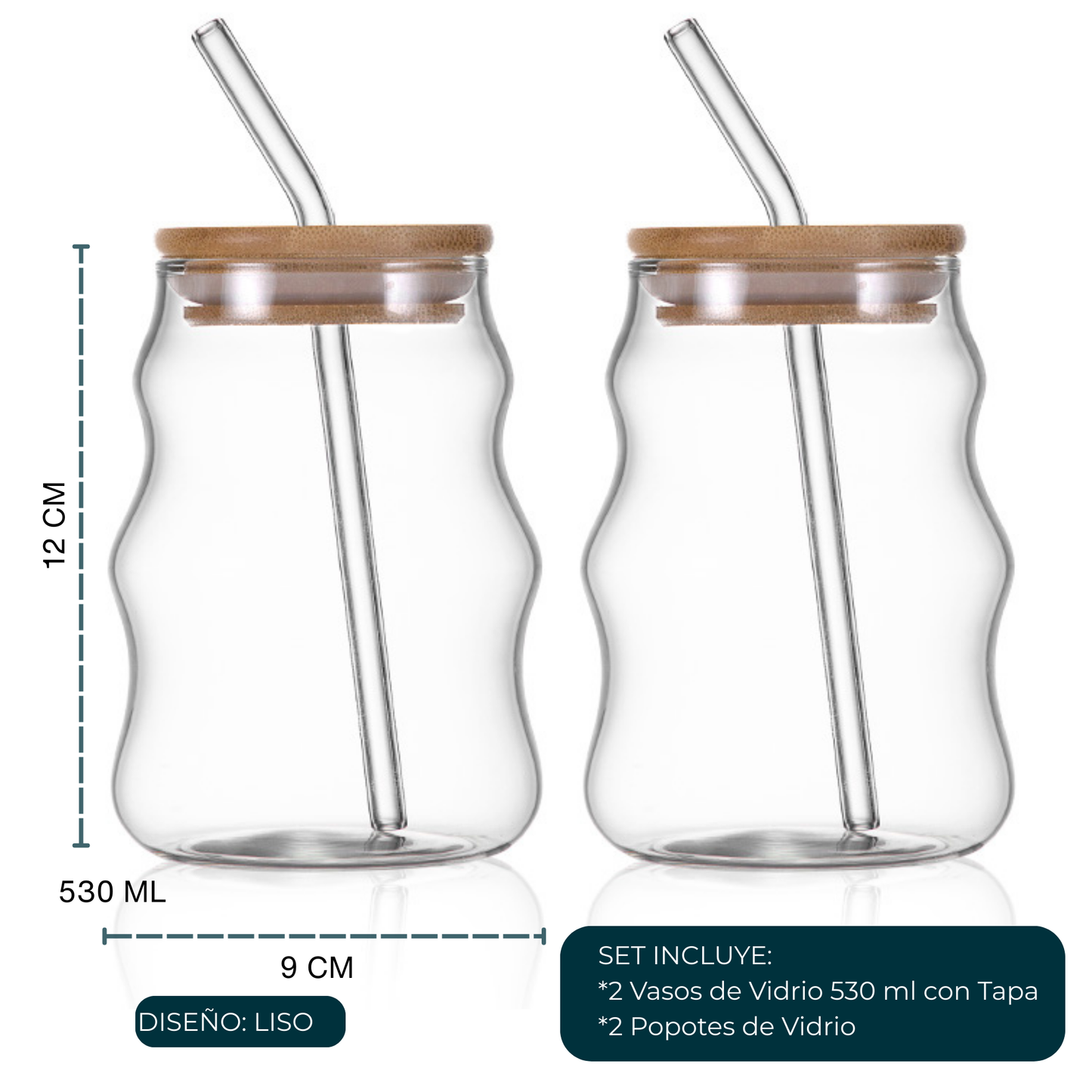 Vasos de Vidrio 530 ml.  2 Pzas. Set de Vasos Para Cócteles, Batidos, Agua, Café frio, Té helado. Aesthetic, Elegantes, Modernos.