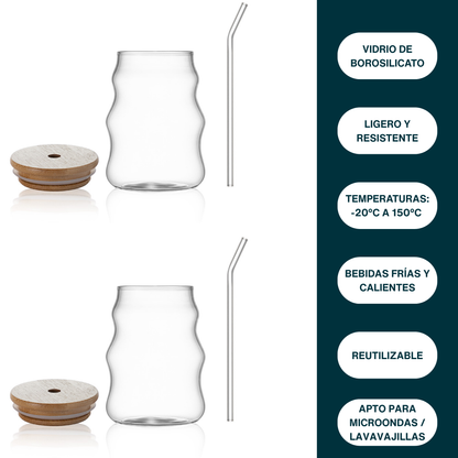 Vasos de Vidrio 530 ml.  2 Pzas. Set de Vasos Para Cócteles, Batidos, Agua, Café frio, Té helado. Aesthetic, Elegantes, Modernos.