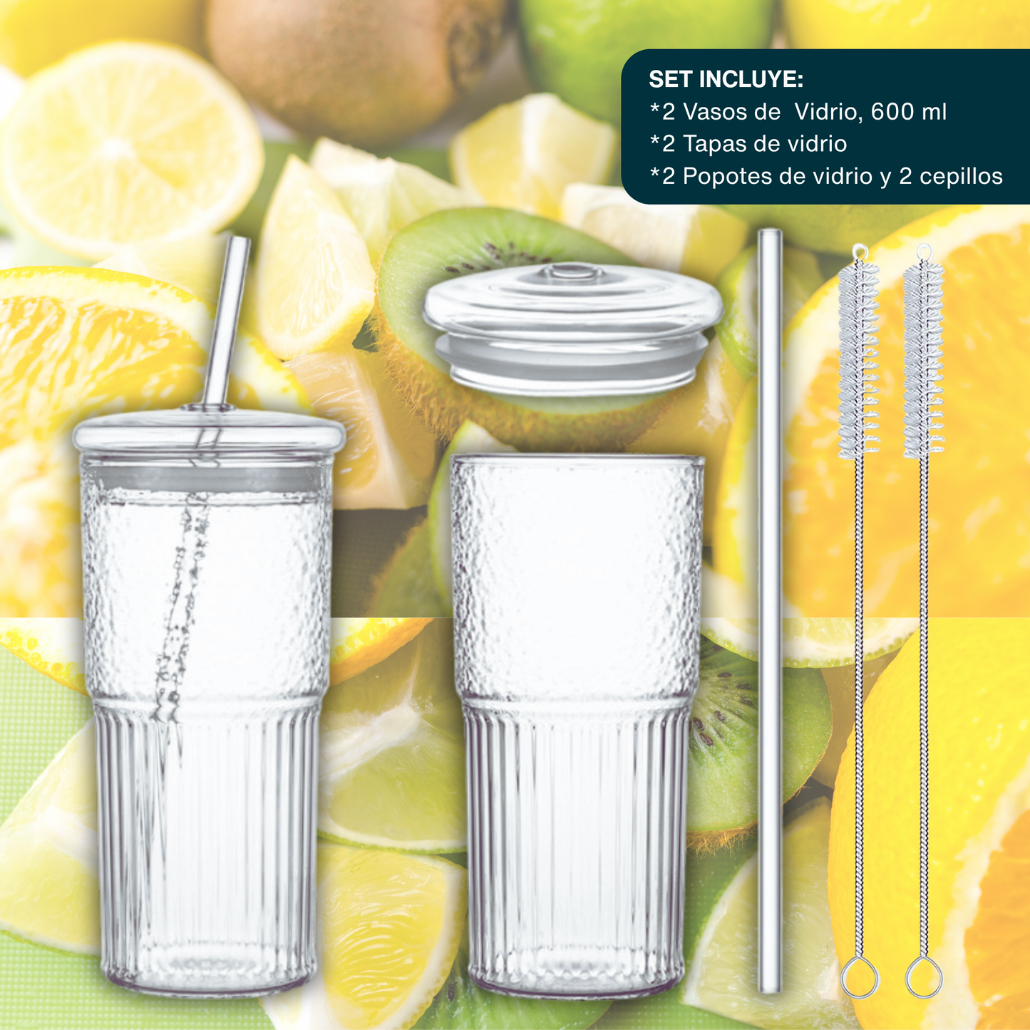 Vasos de Vidrio con Tapa y Popote. Set de Vasos Acanalados para Café Frío, Té Helado, Soda, Frappé, Cold Brew. Modernos, Elegantes (2 x 600 ml)