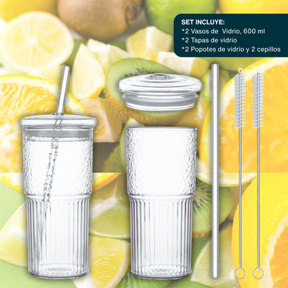 Vasos de Vidrio con Tapa y Popote. Set de Vasos Acanalados para Café Frío, Té Helado, Soda, Frappé, Cold Brew. Modernos, Elegantes (2 x 600 ml)