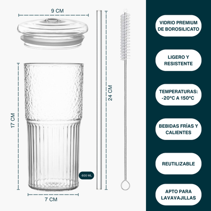 Vasos de Vidrio con Tapa y Popote. Set de Vasos Acanalados para Café Frío, Té Helado, Soda, Frappé, Cold Brew. Modernos, Elegantes (2 x 600 ml)