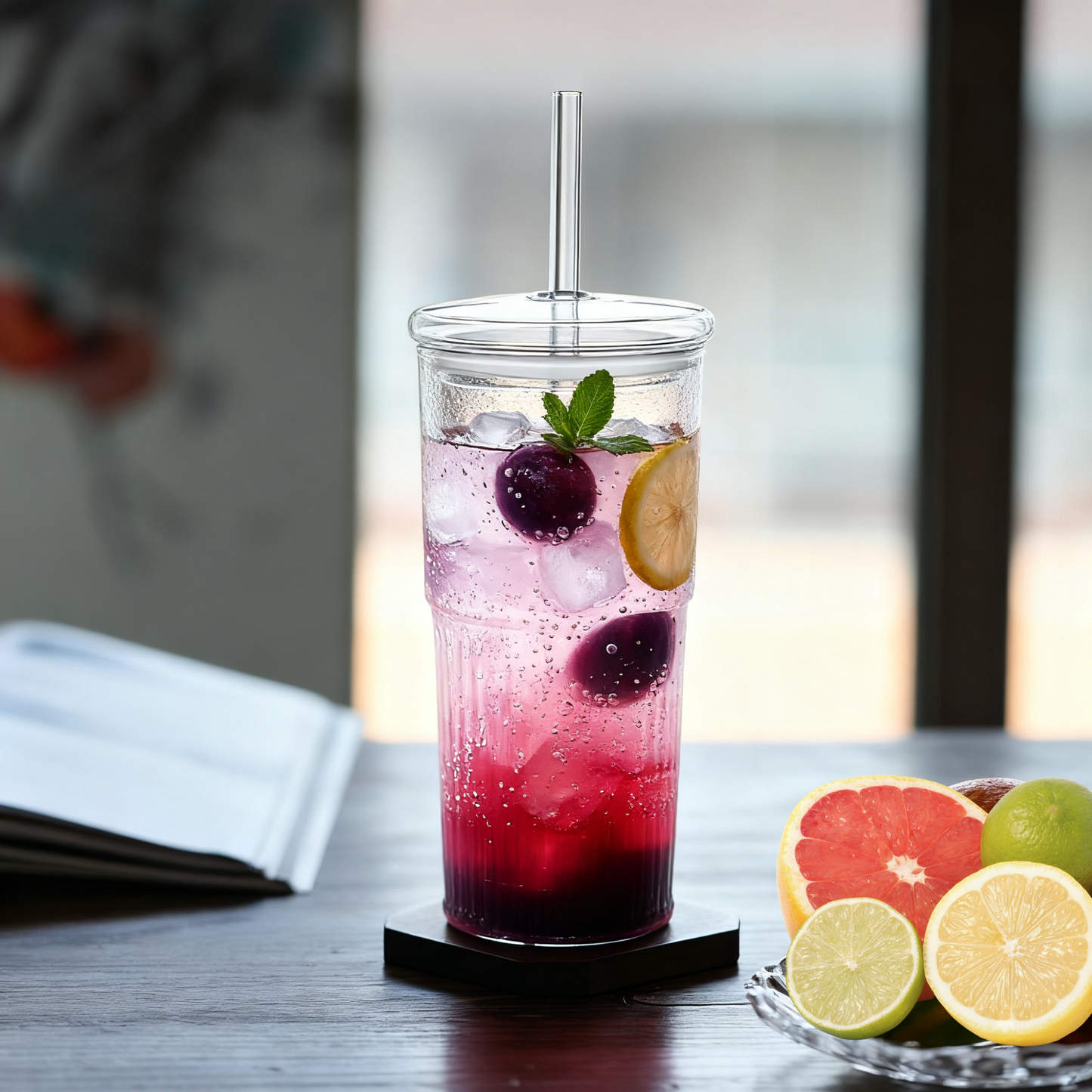 Vasos de Vidrio con Tapa y Popote. Set de Vasos Acanalados para Café Frío, Té Helado, Soda, Frappé, Cold Brew. Modernos, Elegantes (2 x 600 ml)