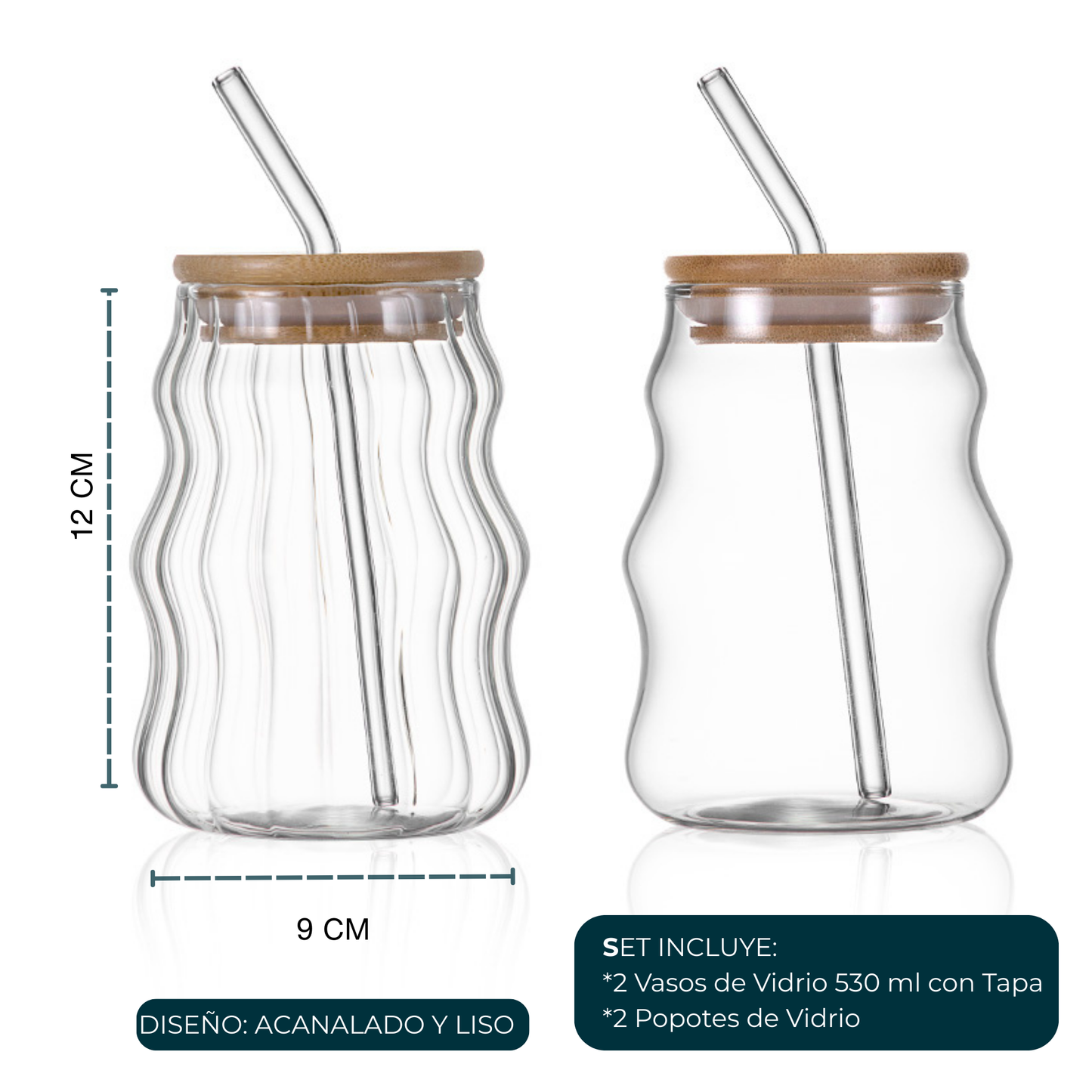 Vasos de Vidrio 530 ml.  2 Pzas. Set de Vasos Para Cócteles, Batidos, Agua, Café frio, Té helado. Aesthetic, Elegantes, Modernos.