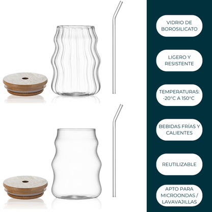 Vasos de Vidrio 530 ml.  2 Pzas. Set de Vasos Para Cócteles, Batidos, Agua, Café frio, Té helado. Aesthetic, Elegantes, Modernos.