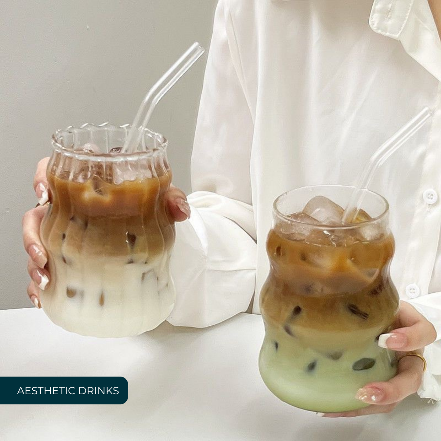 Vasos de Vidrio 530 ml.  2 Pzas. Set de Vasos Para Cócteles, Batidos, Agua, Café frio, Té helado. Aesthetic, Elegantes, Modernos.