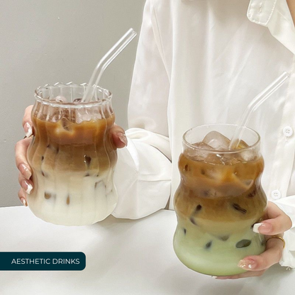 Vasos de Vidrio 530 ml.  2 Pzas. Set de Vasos Para Cócteles, Batidos, Agua, Café frio, Té helado. Aesthetic, Elegantes, Modernos.