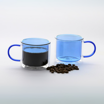 Tazas Doble Fondo Coloridas para Espresso, Capuchino, Té. Juego de 2 Tazas Doble Pared de Vidrio de 300 ml. Tazas de Café Bonitas Azules