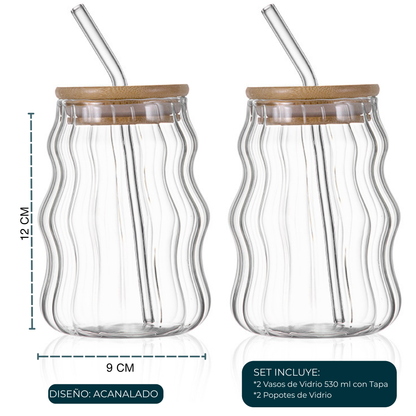 Vasos de Vidrio 530 ml.  2 Pzas. Set de Vasos Para Cócteles, Batidos, Agua, Café frio, Té helado. Aesthetic, Elegantes, Modernos.