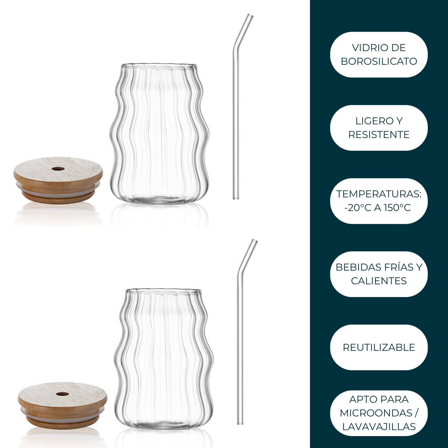 Vasos de Vidrio 530 ml.  2 Pzas. Set de Vasos Para Cócteles, Batidos, Agua, Café frio, Té helado. Aesthetic, Elegantes, Modernos.