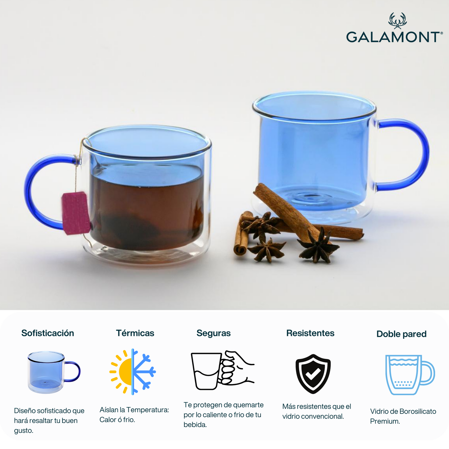 Tazas Doble Fondo Coloridas para Espresso, Capuchino, Té. Juego de 2 Tazas Doble Pared de Vidrio de 300 ml. Tazas de Café Bonitas Azules