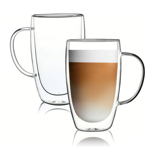 Tazas Doble Fondo de Cristal para Café Americano, Capuchino, Latte, Cold Brew, Té. Set de 2 Tazas Doble Pared, 450 ml. Transparentes y Aisladas.