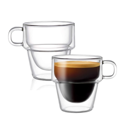 Tazas Doble Fondo de Cristal para Espresso, Americano, Café con leche, Té. Set de 2 Tazas Doble Pared, 225 ml. Transparentes y Aisladas